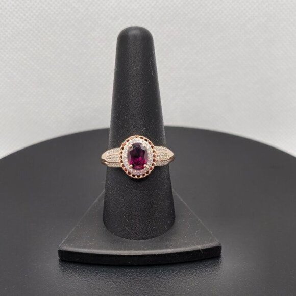 Red Garnet and White Zircon Halo Ring in Rose Gold Over Sterling Silver Size 9 - Picture 1 of 5